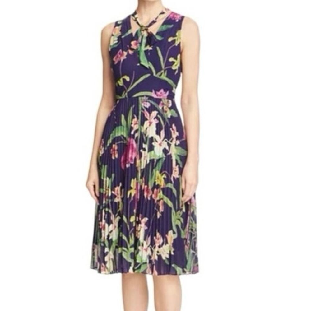 Karen Millen The Atelier Orchid Print Pleated Midi Dress Purple Floral Size US 8